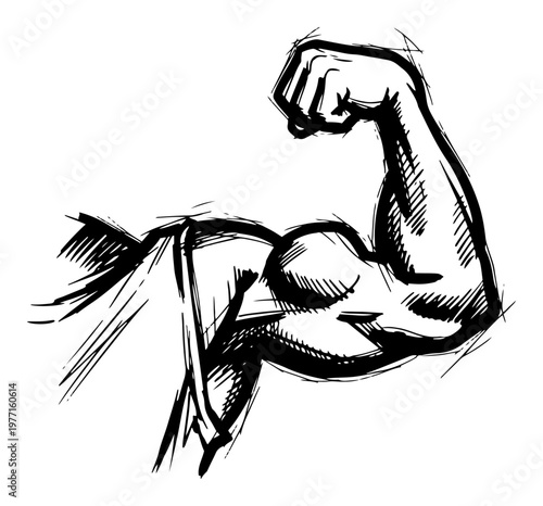 Muscular arm flexing biceps sketch vector illustration depicting bodybuilder strength and fitness power
