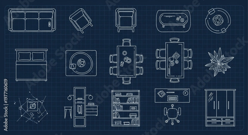 Top Down Blueprint Views of Furniture and Room Layouts.