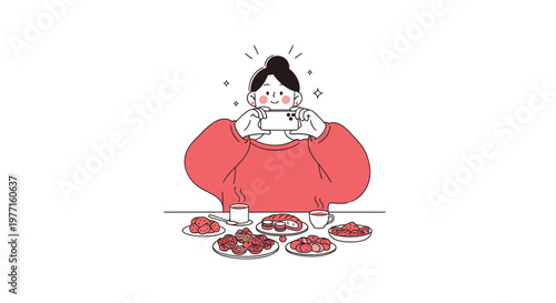 Overweight woman, eating donuts, junk food, unhealthy habits, cartoon character, vector illustration
