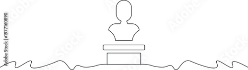 A minimalist line drawing of a bust on a pedestal surrounded by wavy lines