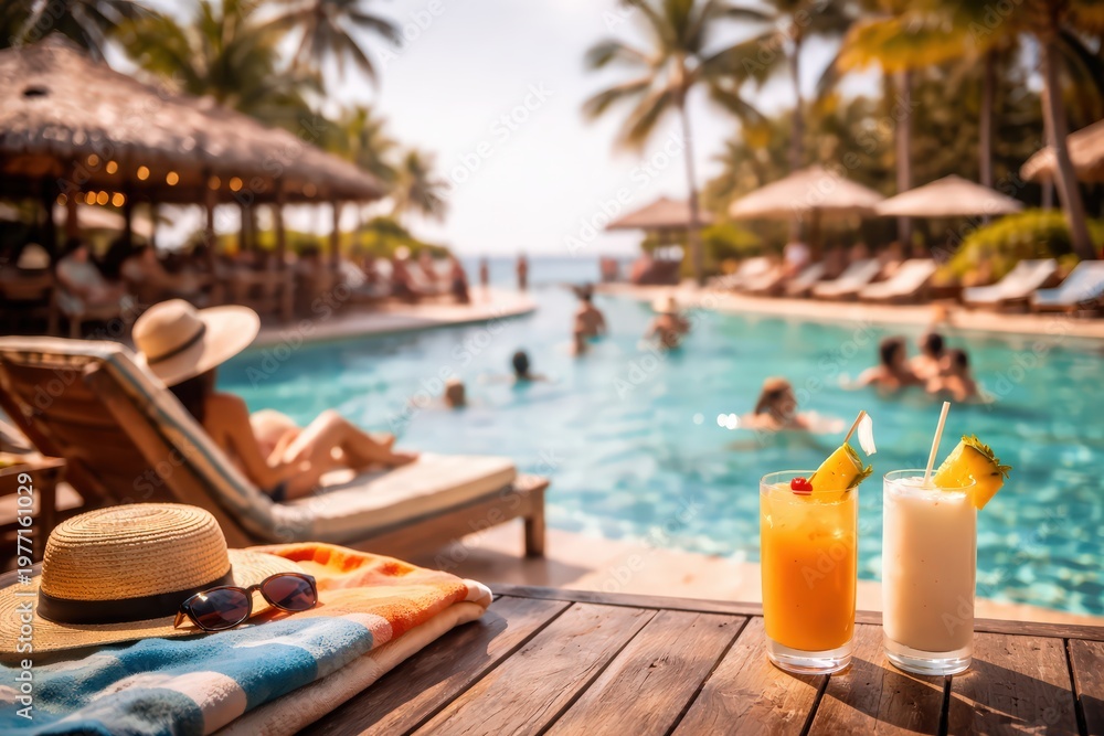 Obraz premium blurred background of tropical resort pool vacation cocktails straw hat sunglasses towel summer holiday relaxation luxury getaway beachfront hotel drinks