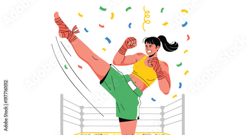 Female boxer kicking, victorious kickboxer celebrating, woman in boxing ring, kickboxing champion