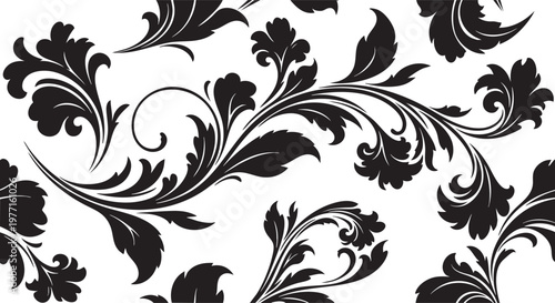 Seamless Black Floral Damask Pattern with Baroque Scroll Ornaments