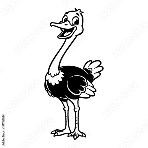Funny ostrich bird standing full body black and white cartoon vector illustration