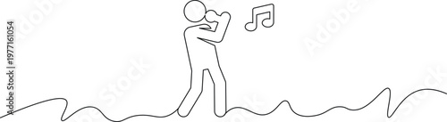 A minimalist line drawing of a person singing with a musical note above them on a wavy line