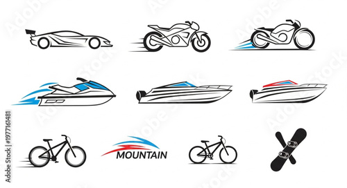 Collection of Transportation and Sports Vehicles Icons.