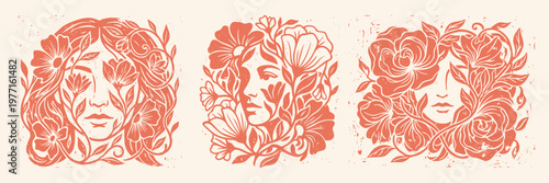 Set of three vector illustrations of beautiful female portraits, their faces elegantly intertwined with blooming flowers and leaves. Femininity concept.