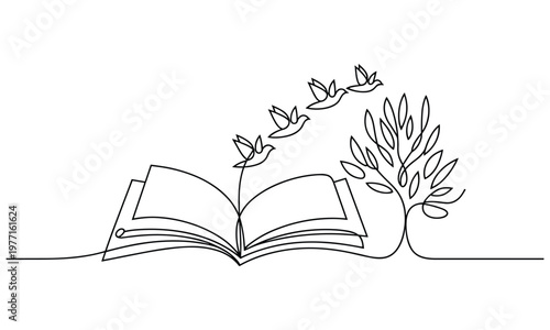 Open book with flying birds emerging from pages and a tree