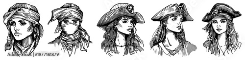 Female pirate and nomad portrait vector illustration set with captain hat and bandana in sketch style