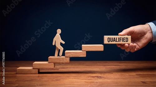 Wooden figure climbing steps toward qualified block career development and skill achievement concept