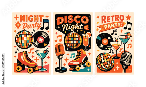 Retro disco night party with roller skates, vinyl records, and cocktails