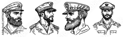 Hand Drawn Vector Portraits of Bearded Sea Captains and Sailors Wearing Hats in Vintage Engraving Style