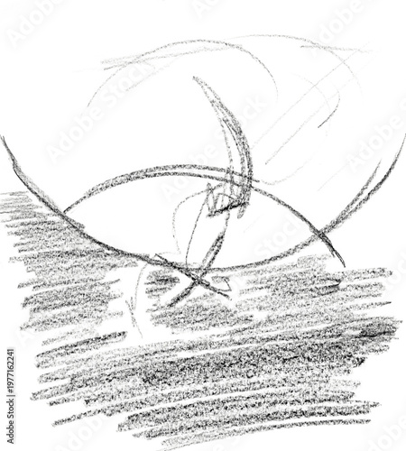 Dessin abstrait au crayon, composé de formes circulaires en noir et blanc.