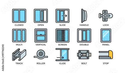 Window types and components: closed, open, slide, handle, lock, multi, vertical, screen, double, panel, track, roller, glide, bolt, stop