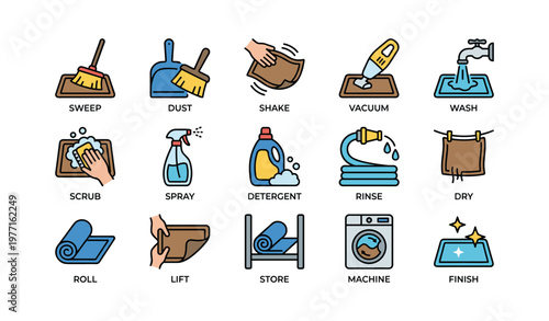 Cleaning and laundry icons: sweep, dust, shake, vacuum, wash, scrub, spray, detergent, rinse, dry