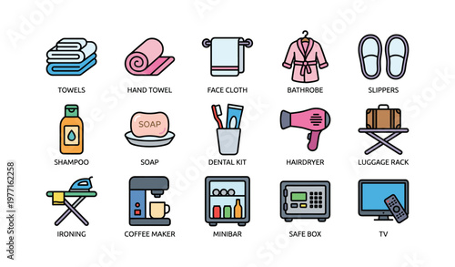 Hotel room amenities illustrated icons set with towels, bathrobe, coffee maker, safe box, tv
