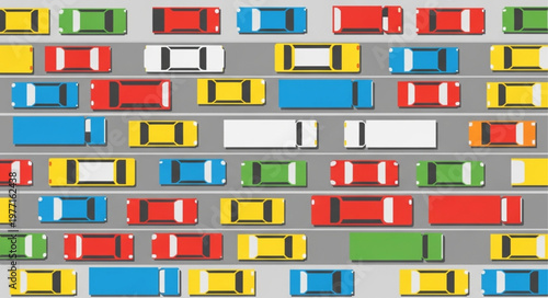 Aerial view of colorful cars in traffic jam on road.