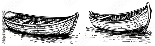 Φωτογραφία Abandoned wooden rowboats with oars on shore vintage woodcut engraving style vec