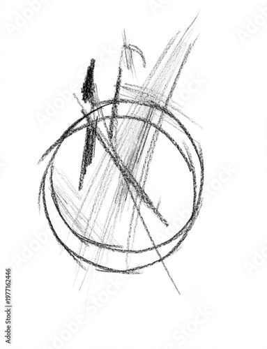 Dessin abstrait au crayon, composé de formes circulaires en noir et blanc.