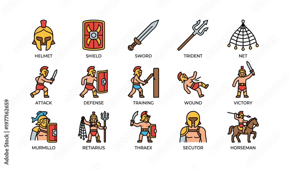 Obraz premium Gladiator icon set: weapons, combat, and victory scenes