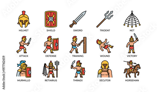 Gladiator icon set: weapons, combat, and victory scenes