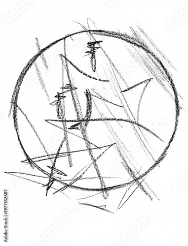 Dessin abstrait au crayon, composé de formes circulaires en noir et blanc.