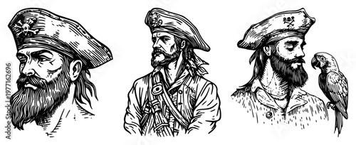 Pirate captain portrait vector illustration set with beard and parrot in hand drawn sketch style