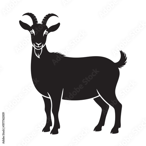 Black silhouette of a standing goat facing left animal
