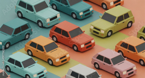 Collection of colorful retro cars arranged in a pattern.