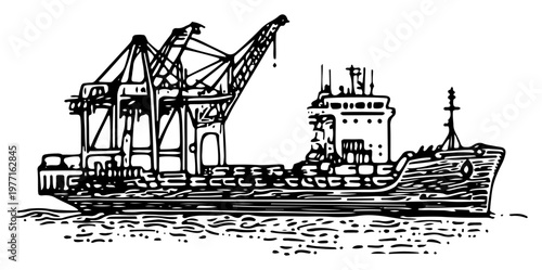 Industrial Cargo Ship Docked at Harbor with Cranes in Hand Drawn Vector Style