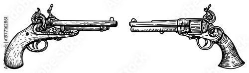 Pair of antique flintlock pistols or pirate muskets vintage woodcut engraving style vector illustration