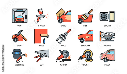 Comprehensive car repair and refinishing icon set in vector style