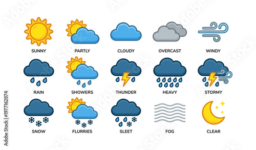 Weather icons collection with sun, clouds, rain, and wind symbols