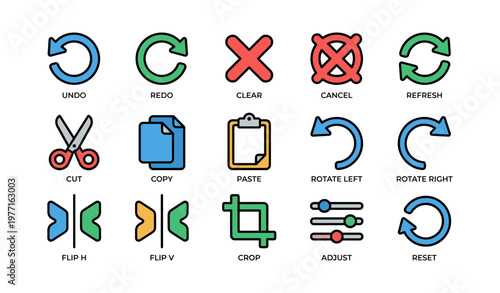 Colorful set of edit and control icons for digital tools