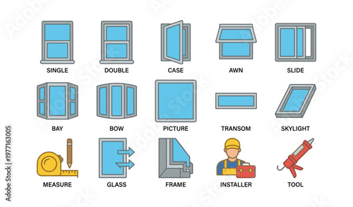 Variety of window types and installation tools with installer icon