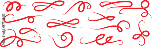 Set of red swirling curly lines and shapes on white background for design
