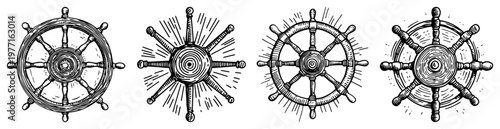 Nautical ship steering wheel vector collection in vintage engraving style for marine navigation design