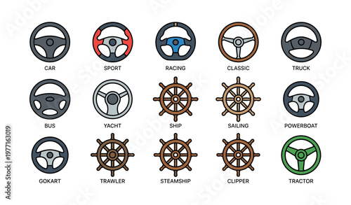 Variety of steering wheels and ship helms in different styles and designs
