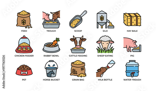 Farm animal feeding icons: trough, silo, hay bale, cattle, sheep, pig