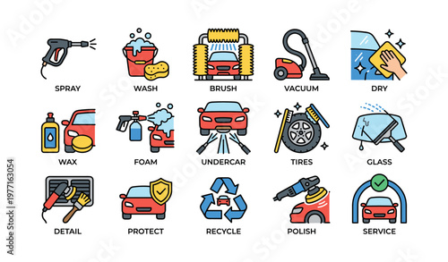 Car wash process icons illustrating cleaning steps and equipment