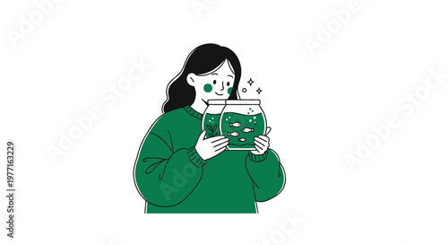 Vector illustration of woman, reading book, green sweater, emotive expression