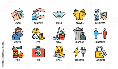 Safety measures icons: ppe, hygiene, cleaning, distance, protection