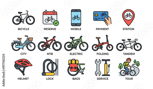 Bicycle rental icons: mobile reservation, payment, station, helmet, lock, service options