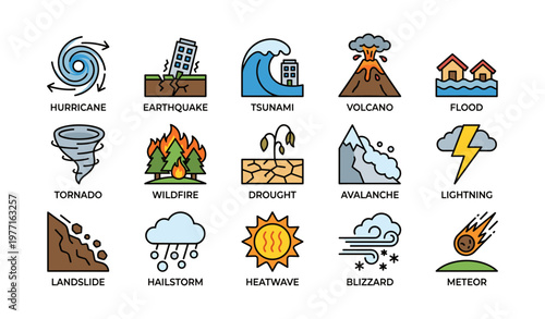 Natural disasters icon set: hurricane, earthquake, tsunami, and more