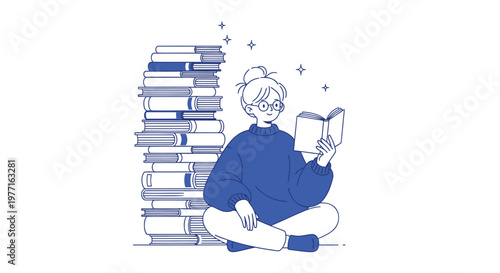 relaxed student reading, bookworm, blue illustration, education concept, vector icon