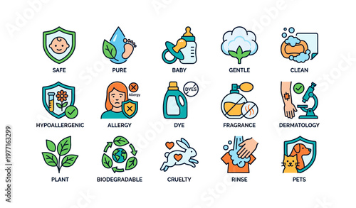 Icon set depicting safe and clean products with allergy and dermatology symbols