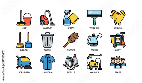 Cleaning equipment icons set: vacuum, mop, cart, gloves, washer, spray