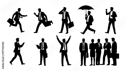 business man silhouettes set in professional poses and actions, corporate professionals walking running and celebrating silhouettes vector, set of businessman figures in suits for office and career co