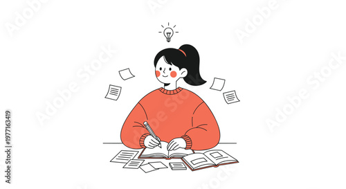 Creative woman, brainstorming ideas, writing notes, inspiration concept, vector illustration
