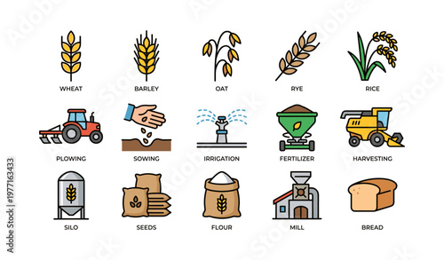 Agricultural icons: wheat oat rice harvesting tractor sowing